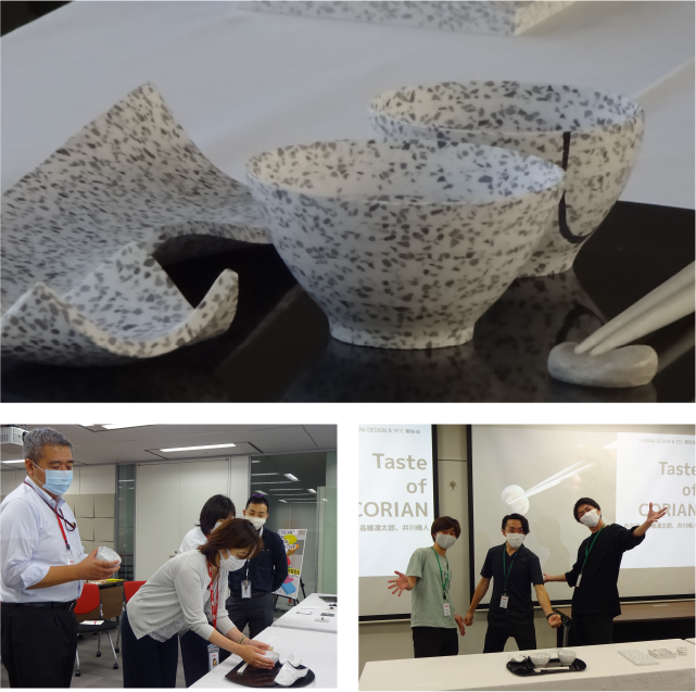 コーリアン®が生み出す和の食風景”をコンセプトに、お盆・お茶碗・お皿・お箸・箸置きまで。お茶碗は金継ぎの技法をシーム接着剤で再現